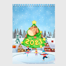Скетчбук с принтом Елочка - год быка 2021 в Екатеринбурге, 100% бумага
 | 48 листов, плотность листов — 100 г/м2, плотность картонной обложки — 250 г/м2. Листы скреплены сверху удобной пружинной спиралью | Тематика изображения на принте: 2021 | 7 января | bull | newyear | santa | бык | быки | бычок | год быка | дед мороз | корова | новогодние каникулы | новогодние праздники | новый 2021 | новый год | новый год 2021 | рождество | сани | санта | санта клаус