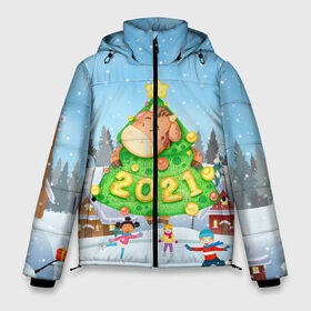 Мужская зимняя куртка 3D с принтом Елочка - год быка 2021 в Екатеринбурге, верх — 100% полиэстер; подкладка — 100% полиэстер; утеплитель — 100% полиэстер | длина ниже бедра, свободный силуэт Оверсайз. Есть воротник-стойка, отстегивающийся капюшон и ветрозащитная планка. 

Боковые карманы с листочкой на кнопках и внутренний карман на молнии. | Тематика изображения на принте: 2021 | 7 января | bull | newyear | santa | бык | быки | бычок | год быка | дед мороз | корова | новогодние каникулы | новогодние праздники | новый 2021 | новый год | новый год 2021 | рождество | сани | санта | санта клаус