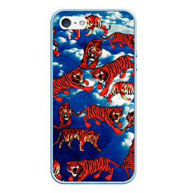 Чехол для iPhone 5/5S матовый с принтом Тигры В Облаках в Екатеринбурге, Силикон | Область печати: задняя сторона чехла, без боковых панелей | белый | животные | звери | кот | кошки | красный | небо | облака | полосатый | природа | рычит | синий | тигры | тренд