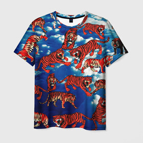 Мужская футболка 3D с принтом Тигры В Облаках в Екатеринбурге, 100% полиэфир | прямой крой, круглый вырез горловины, длина до линии бедер | белый | животные | звери | кот | кошки | красный | небо | облака | полосатый | природа | рычит | синий | тигры | тренд