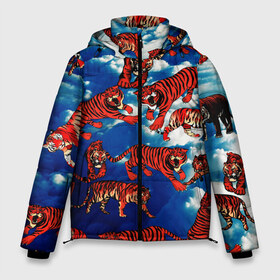 Мужская зимняя куртка 3D с принтом Тигры В Облаках в Екатеринбурге, верх — 100% полиэстер; подкладка — 100% полиэстер; утеплитель — 100% полиэстер | длина ниже бедра, свободный силуэт Оверсайз. Есть воротник-стойка, отстегивающийся капюшон и ветрозащитная планка. 

Боковые карманы с листочкой на кнопках и внутренний карман на молнии. | Тематика изображения на принте: белый | животные | звери | кот | кошки | красный | небо | облака | полосатый | природа | рычит | синий | тигры | тренд