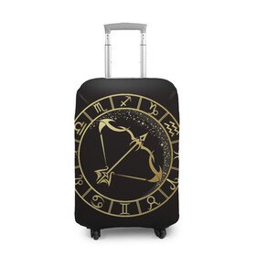 Чехол для чемодана 3D с принтом Стрелец в Екатеринбурге, 86% полиэфир, 14% спандекс | двустороннее нанесение принта, прорези для ручек и колес | знаки зодиака | золотой рисунок | стрелец | черный фон