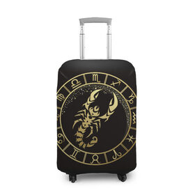 Чехол для чемодана 3D с принтом Скорпион в Екатеринбурге, 86% полиэфир, 14% спандекс | двустороннее нанесение принта, прорези для ручек и колес | знаки зодиака | золотой рисунок | скорпион | черный фон