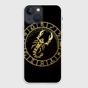 Чехол для iPhone 13 mini с принтом Скорпион в Екатеринбурге,  |  | знаки зодиака | золотой рисунок | скорпион | черный фон