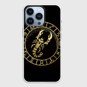 Чехол для iPhone 13 Pro с принтом Скорпион в Екатеринбурге,  |  | знаки зодиака | золотой рисунок | скорпион | черный фон