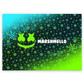 Поздравительная открытка с принтом MARSHMELLO - Зимний в Екатеринбурге, 100% бумага | плотность бумаги 280 г/м2, матовая, на обратной стороне линовка и место для марки
 | face | logo | marsh | marshmallow | marshmello | marshmelo | mello | smile | год | лицо | лого | маршмеллов | маршмеллоу | маршмеллу | маршмело | маршмелов | маршмелоу | маска | музыка | новогодний | новый | рожица | символ | смайл