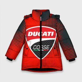 Зимняя куртка для девочек 3D с принтом Ducati Corse (Z) в Екатеринбурге, ткань верха — 100% полиэстер; подклад — 100% полиэстер, утеплитель — 100% полиэстер. | длина ниже бедра, удлиненная спинка, воротник стойка и отстегивающийся капюшон. Есть боковые карманы с листочкой на кнопках, утяжки по низу изделия и внутренний карман на молнии. 

Предусмотрены светоотражающий принт на спинке, радужный светоотражающий элемент на пуллере молнии и на резинке для утяжки. | audi | audi ag | corse | ducati | ducati corse | ducati motor holding | hypermotard | multistrada | panigale | scrambler | streetfighter | supersport | дукати | массимо борди | мото | фабио тальони