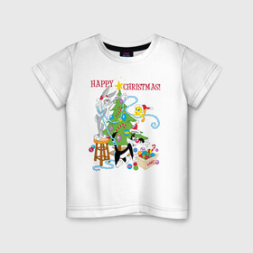 Детская футболка хлопок с принтом Happy Christmas! в Екатеринбурге, 100% хлопок | круглый вырез горловины, полуприлегающий силуэт, длина до линии бедер | bugs | bunny | cat | looney | sylvester | tunes | vdzajul | багз | бани | банни | сильвестр кот | твити