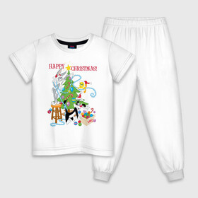 Детская пижама хлопок с принтом Happy Christmas! в Екатеринбурге, 100% хлопок |  брюки и футболка прямого кроя, без карманов, на брюках мягкая резинка на поясе и по низу штанин
 | Тематика изображения на принте: bugs | bunny | cat | looney | sylvester | tunes | vdzajul | багз | бани | банни | сильвестр кот | твити