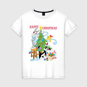 Женская футболка хлопок с принтом Happy Christmas! в Екатеринбурге, 100% хлопок | прямой крой, круглый вырез горловины, длина до линии бедер, слегка спущенное плечо | bugs | bunny | cat | looney | sylvester | tunes | vdzajul | багз | бани | банни | сильвестр кот | твити