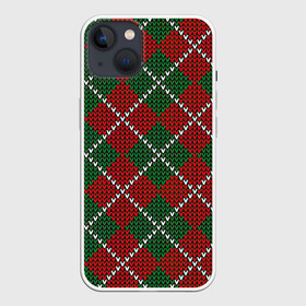 Чехол для iPhone 13 с принтом Вязаная классика в Екатеринбурге,  |  | арт | белый | вязанный рисунок | вязь | зелёный | красный | куб | кубы | линии | полосы | рисунок | ромб | ромбы