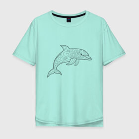 Мужская футболка хлопок Oversize с принтом Дельфин линейный с узорами в Екатеринбурге, 100% хлопок | свободный крой, круглый ворот, “спинка” длиннее передней части | Тематика изображения на принте: дельфин | животное | линейный | морское | океанское | узоры | чёрно  белый