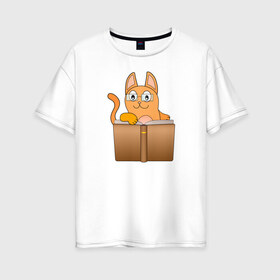 Женская футболка хлопок Oversize с принтом Кот в очках читает книгу в Екатеринбурге, 100% хлопок | свободный крой, круглый ворот, спущенный рукав, длина до линии бедер
 | животное | кот | кот учёный | кошка | мультяшный | очки | рыжий | чтение