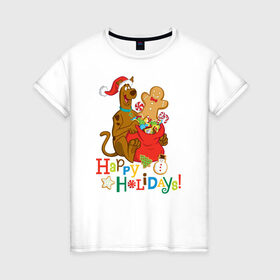 Женская футболка хлопок с принтом Happy holidays в Екатеринбурге, 100% хлопок | прямой крой, круглый вырез горловины, длина до линии бедер, слегка спущенное плечо | 005850 | scooby doo | shaggy | vdkotan | велма | дафна | скуби | скуби ду | шэгги