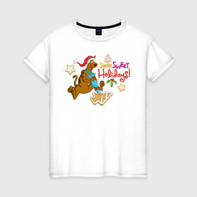 Женская футболка хлопок с принтом Super sweet holidays в Екатеринбурге, 100% хлопок | прямой крой, круглый вырез горловины, длина до линии бедер, слегка спущенное плечо | 005850 | scooby doo | shaggy | vdkotan | велма | дафна | скуби | скуби ду | шэгги