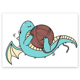 Поздравительная открытка с принтом Маленький дракончик в Екатеринбурге, 100% бумага | плотность бумаги 280 г/м2, матовая, на обратной стороне линовка и место для марки
 | Тематика изображения на принте: динозавр | дракон | дракончик | клубок | малыш | нитки