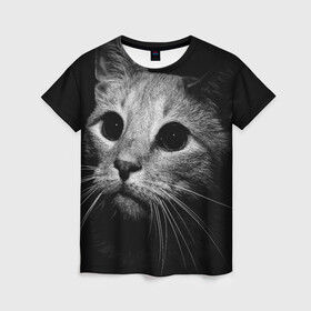 Женская футболка 3D с принтом Чёрный кот в Екатеринбурге, 100% полиэфир ( синтетическое хлопкоподобное полотно) | прямой крой, круглый вырез горловины, длина до линии бедер | животное | кот | кошка | тёмный рисунок | чёрный фон