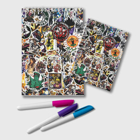 Блокнот с принтом JoJo’s Sticker Bombing в Екатеринбурге, 100% бумага | 48 листов, плотность листов — 60 г/м2, плотность картонной обложки — 250 г/м2. Листы скреплены удобной пружинной спиралью. Цвет линий — светло-серый
 | Тематика изображения на принте: anime | jojo’s bizarre adventure | sticker bombing | аниме | джо джо | жо жо | манга | мультфильм | невероятные приключения джоджо | персонаж | стикер бомбинг