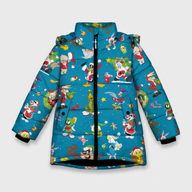 Зимняя куртка для девочек 3D с принтом Looney Tunes Christmas в Екатеринбурге, ткань верха — 100% полиэстер; подклад — 100% полиэстер, утеплитель — 100% полиэстер. | длина ниже бедра, удлиненная спинка, воротник стойка и отстегивающийся капюшон. Есть боковые карманы с листочкой на кнопках, утяжки по низу изделия и внутренний карман на молнии. 

Предусмотрены светоотражающий принт на спинке, радужный светоотражающий элемент на пуллере молнии и на резинке для утяжки. | Тематика изображения на принте: bugs | bunny | cat | coyote | daffy | duck | looney | marvin | pig | porky | sylvester | tunes | tweety | vdzajul | wile | багз | бани | банни | вайл | дак | даффи | дьявол | койот | кот | лола | марвин | марсианин | пиг | порки | силь