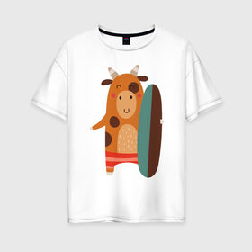 Женская футболка хлопок Oversize с принтом Веселый бык в Екатеринбурге, 100% хлопок | свободный крой, круглый ворот, спущенный рукав, длина до линии бедер
 | 