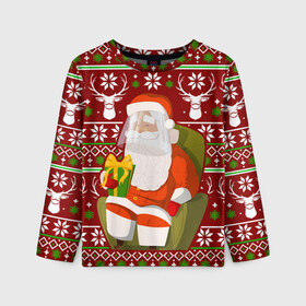 Детский лонгслив 3D с принтом Санта с защитным экраном в Екатеринбурге, 100% полиэстер | длинные рукава, круглый вырез горловины, полуприлегающий силуэт
 | Тематика изображения на принте: deer | happy new year | new year | santa | защитный экран | корона | коронавирус | новогодний свитер | новый год | санта | санта клаус | свитер | свитер с маской | свитер с оленями