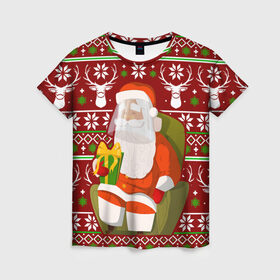 Женская футболка 3D с принтом Санта с защитным экраном в Екатеринбурге, 100% полиэфир ( синтетическое хлопкоподобное полотно) | прямой крой, круглый вырез горловины, длина до линии бедер | deer | happy new year | new year | santa | защитный экран | корона | коронавирус | новогодний свитер | новый год | санта | санта клаус | свитер | свитер с маской | свитер с оленями
