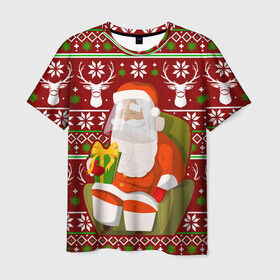 Мужская футболка 3D с принтом Санта с защитным экраном в Екатеринбурге, 100% полиэфир | прямой крой, круглый вырез горловины, длина до линии бедер | deer | happy new year | new year | santa | защитный экран | корона | коронавирус | новогодний свитер | новый год | санта | санта клаус | свитер | свитер с маской | свитер с оленями