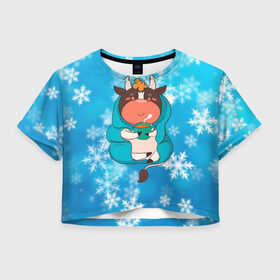 Женская футболка Crop-top 3D с принтом Бычок с кружкой кофе в Екатеринбурге, 100% полиэстер | круглая горловина, длина футболки до линии талии, рукава с отворотами | 