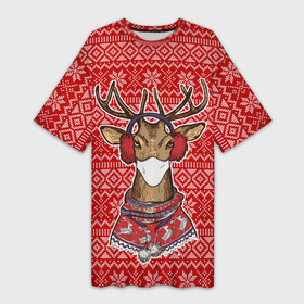 Платье-футболка 3D с принтом Deer in a medical mask в Екатеринбурге,  |  | Тематика изображения на принте: deer | happy new year | new year | santa | защитный экран | корона | коронавирус | новогодний свитер | новый год | свитер | свитер с маской | свитер с оленями