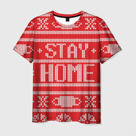 Мужская футболка 3D с принтом Stay home в Екатеринбурге, 100% полиэфир | прямой крой, круглый вырез горловины, длина до линии бедер | deer | happy new year | new year | santa | защитный экран | корона | коронавирус | новогодний свитер | новый год | свитер | свитер с маской | свитер с оленями