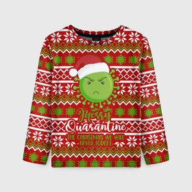 Детский лонгслив 3D с принтом Merry Quarantine в Екатеринбурге, 100% полиэстер | длинные рукава, круглый вырез горловины, полуприлегающий силуэт
 | deer | happy new year | new year | quarantine | santa | защитный экран | карантин | корона | коронавирус | новогодний свитер | новый год | свитер | свитер с маской | свитер с оленями