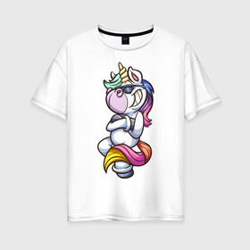 Женская футболка хлопок Oversize с принтом Cool Unicorn в Екатеринбурге, 100% хлопок | свободный крой, круглый ворот, спущенный рукав, длина до линии бедер
 | арт | графика | единорог | пони | фэнтази