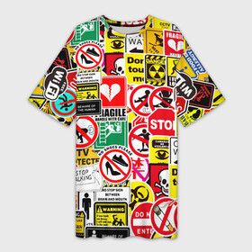 Платье-футболка 3D с принтом Запрещающие знаки в Екатеринбурге,  |  | danger | sticker bombing | запрещающие знаки | опасность | прикол | стикер бомбинг | череп
