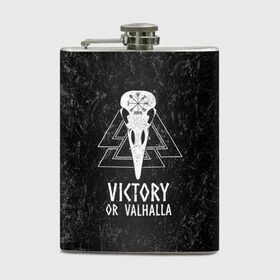 Фляга с принтом Victory or Valhalla в Екатеринбурге, металлический корпус | емкость 0,22 л, размер 125 х 94 мм. Виниловая наклейка запечатывается полностью | вальхалла | викинг | ворон | символ | скандинавия | череп | язычество