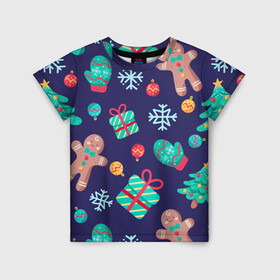 Детская футболка 3D с принтом Новый Год в Екатеринбурге, 100% гипоаллергенный полиэфир | прямой крой, круглый вырез горловины, длина до линии бедер, чуть спущенное плечо, ткань немного тянется | новогодние игрушки | новогодние подарки | новый год | печенье | снежинки