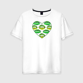 Женская футболка хлопок Oversize с принтом Зелёный поцелуй в Екатеринбурге, 100% хлопок | свободный крой, круглый ворот, спущенный рукав, длина до линии бедер
 | губы | день валентина | зелёный | любовь | отпечатки | сердечко | сердце