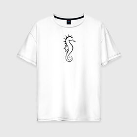 Женская футболка хлопок Oversize с принтом Морской конёк в Екатеринбурге, 100% хлопок | свободный крой, круглый ворот, спущенный рукав, длина до линии бедер
 | значок | линейный | лого | минимализм | морской конёк | морской обитатель | рыба | чёрно  белый