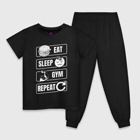 Детская пижама хлопок с принтом Eat Sleep Gym Repeat в Екатеринбурге, 100% хлопок |  брюки и футболка прямого кроя, без карманов, на брюках мягкая резинка на поясе и по низу штанин
 | Тематика изображения на принте: eat sleep | gym repeat | бодибилдинг | качалка | мотивация | спорт | фитнес