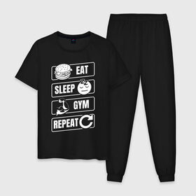 Мужская пижама хлопок с принтом Eat Sleep Gym Repeat в Екатеринбурге, 100% хлопок | брюки и футболка прямого кроя, без карманов, на брюках мягкая резинка на поясе и по низу штанин
 | Тематика изображения на принте: eat sleep | gym repeat | бодибилдинг | качалка | мотивация | спорт | фитнес