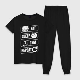Женская пижама хлопок с принтом Eat Sleep Gym Repeat в Екатеринбурге, 100% хлопок | брюки и футболка прямого кроя, без карманов, на брюках мягкая резинка на поясе и по низу штанин | Тематика изображения на принте: eat sleep | gym repeat | бодибилдинг | качалка | мотивация | спорт | фитнес