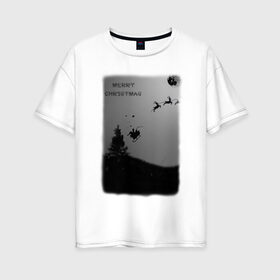 Женская футболка хлопок Oversize с принтом Merry Christmas в Екатеринбурге, 100% хлопок | свободный крой, круглый ворот, спущенный рукав, длина до линии бедер
 | белый | ёлка | луна | новый год | черный