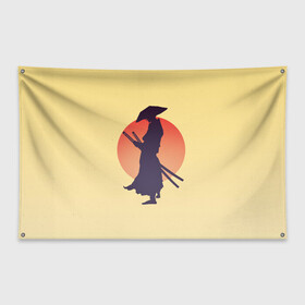 Флаг-баннер с принтом Ронин в Екатеринбурге, 100% полиэстер | размер 67 х 109 см, плотность ткани — 95 г/м2; по краям флага есть четыре люверса для крепления | bushido | japan | japanes | katana | ronin | samurai | sword | бусидо | воин | восходящее солнце | катана | кимоно | меч | мечник | рассвет | ронин | самурай | самурайский | силуэт | силуэт воина | солнце | якудза | японец