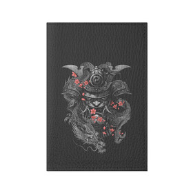 Обложка для паспорта матовая кожа с принтом Самурай и дракон в Екатеринбурге, натуральная матовая кожа | размер 19,3 х 13,7 см; прозрачные пластиковые крепления | Тематика изображения на принте: cherry | flower petals | helmet | japan | katana | ronin | sakura | samurai | вишня | катана | лепестки цветка | ронин | сакура | самурай | шлем | япония