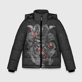 Зимняя куртка для мальчиков 3D с принтом Самурай и дракон в Екатеринбурге, ткань верха — 100% полиэстер; подклад — 100% полиэстер, утеплитель — 100% полиэстер | длина ниже бедра, удлиненная спинка, воротник стойка и отстегивающийся капюшон. Есть боковые карманы с листочкой на кнопках, утяжки по низу изделия и внутренний карман на молнии. 

Предусмотрены светоотражающий принт на спинке, радужный светоотражающий элемент на пуллере молнии и на резинке для утяжки | Тематика изображения на принте: cherry | flower petals | helmet | japan | katana | ronin | sakura | samurai | вишня | катана | лепестки цветка | ронин | сакура | самурай | шлем | япония