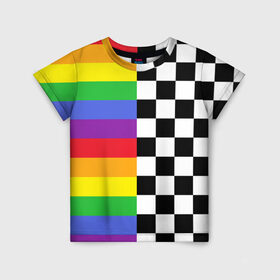 Детская футболка 3D с принтом Rainbow в Екатеринбурге, 100% гипоаллергенный полиэфир | прямой крой, круглый вырез горловины, длина до линии бедер, чуть спущенное плечо, ткань немного тянется | музыкант | паттерн | полосы | радуга | реп | рэп | текаши | шахматы | шашки