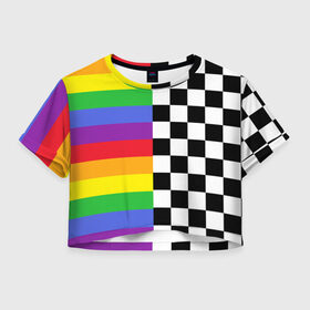 Женская футболка Crop-top 3D с принтом Rainbow в Екатеринбурге, 100% полиэстер | круглая горловина, длина футболки до линии талии, рукава с отворотами | музыкант | паттерн | полосы | радуга | реп | рэп | текаши | шахматы | шашки