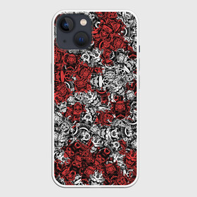 Чехол для iPhone 13 с принтом Красные и Белые самураи в Екатеринбурге,  |  | bushido | samurai | белый | бусидо | воин | демон | красный | маска | паттерн | самурай | сёгун | япония
