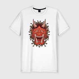 Мужская футболка хлопок Slim с принтом Oni demon samurai mask в Екатеринбурге, 92% хлопок, 8% лайкра | приталенный силуэт, круглый вырез ворота, длина до линии бедра, короткий рукав | art | cyberpunk samurai | ninja | oni | ronin | samurai | shogun | yakuza | арт | воин | воитель | демон | киберпанк самурай | мерч | мужик | мужчина | они | путь воина | путь война | ронин | сёгун | сепукку | токио | черный самурай