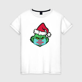 Женская футболка хлопок с принтом Covid Grinch в Екатеринбурге, 100% хлопок | прямой крой, круглый вырез горловины, длина до линии бедер, слегка спущенное плечо | 2020 | 2021 | christmas | grinch | new year | гринч | зима | новогодняя | новогодняя маска | новый год | рождество | снег
