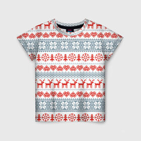 Детская футболка 3D с принтом Новогодний пиксельный узор в Екатеринбурге, 100% гипоаллергенный полиэфир | прямой крой, круглый вырез горловины, длина до линии бедер, чуть спущенное плечо, ткань немного тянется | Тематика изображения на принте: christmas | deer | hearts | new year | pattern | pixels | snowflakes | trees | елки | новый год | олени | пиксели | рождество | сердечки | снежинки | узор